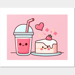 Design for Strawberry Lovers with a Kawaii Style Strawberry Cake and Drink | Cutesy Kawaii Posters and Art